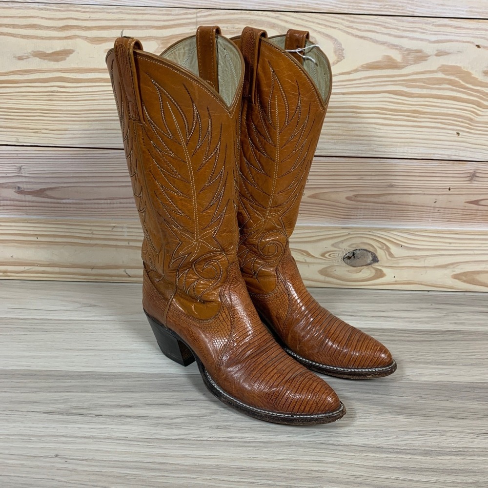 Vtg Dan Post Western Boots Women 7A Narrow Cognac Lizard‎ Skin Cowgirl